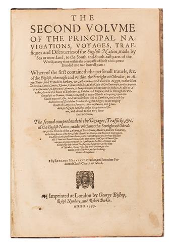 TRAVEL  HAKLUYT, RICHARD. The Second Volume of the Principal Navigations, Voyages . . . and Discoveries of the English Nation.  1599